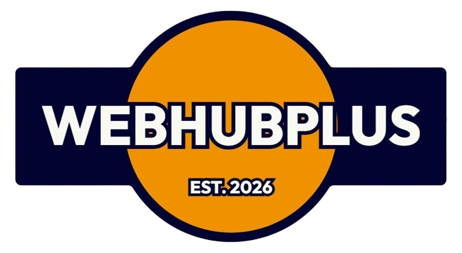 A logo featuring the text WEBHUBPLUS and EST.2026 in white letters over an orange circle and dark blue rectangle