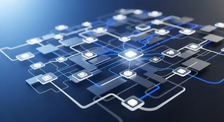 A central glowing electronic chip connects to various smaller nodes via a network of intricate, illuminated blue lines