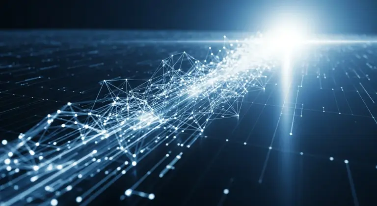 Glowing blue data nodes and interconnected lines form a complex network extending toward a bright light source