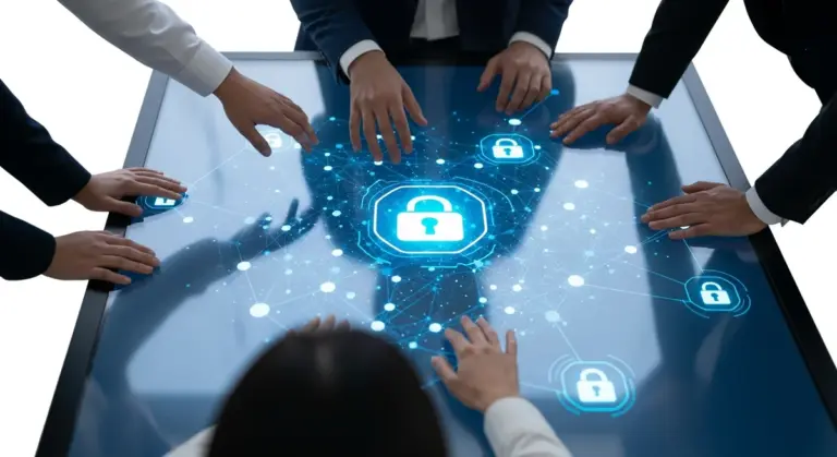 Several hands touch a digital table displaying a glowing network of connected locks and nodes