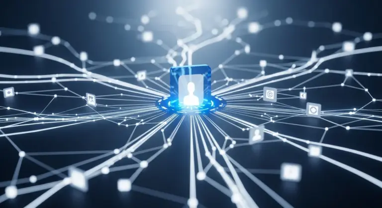 A central human icon within a blue square connects via glowing white lines to various floating digital symbols