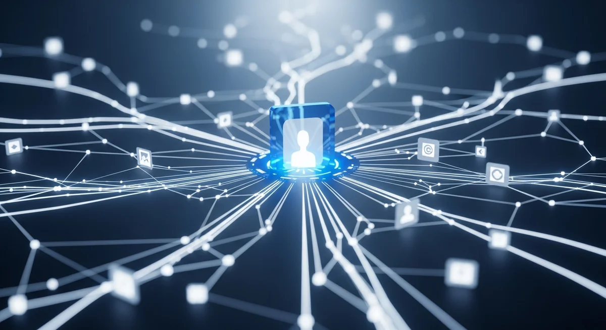 A central human icon within a blue square connects via glowing white lines to various floating digital symbols
