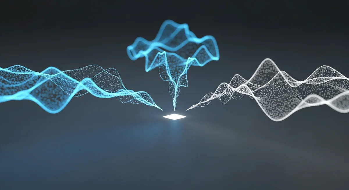 Three glowing, particle-based wave patterns converge toward a small, luminous square on a dark, minimalist background