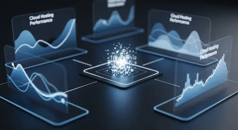 Glowing data visualizations surround a central digital processor core on a dark surface