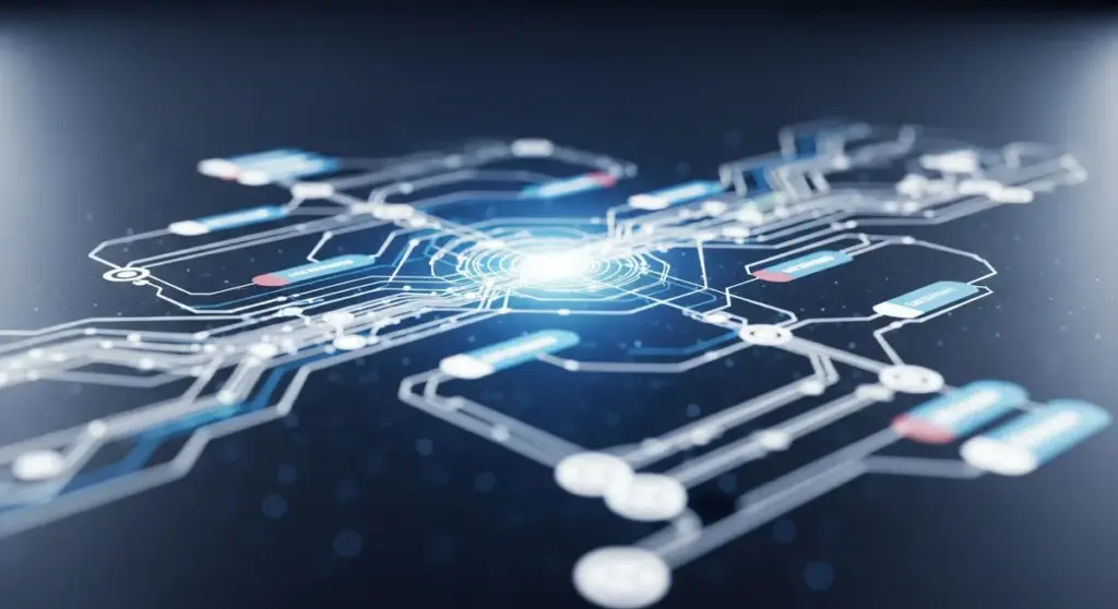 Glowing interconnected electronic circuit lines and data nodes converge toward a bright central point against a dark