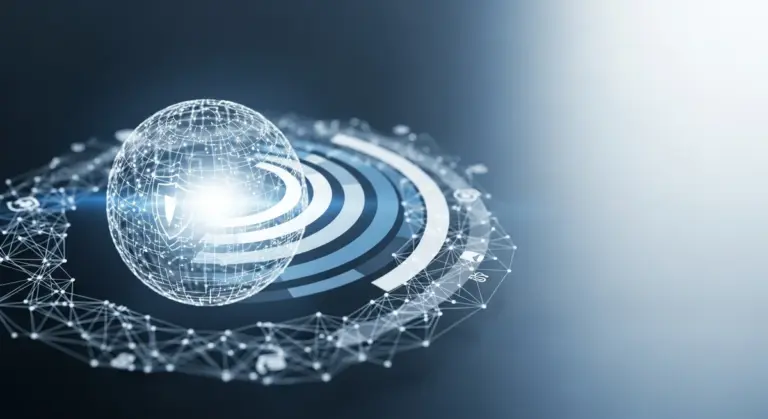 A glowing wireframe globe with a shield icon rests amidst concentric circular bands and a surrounding digital network mesh