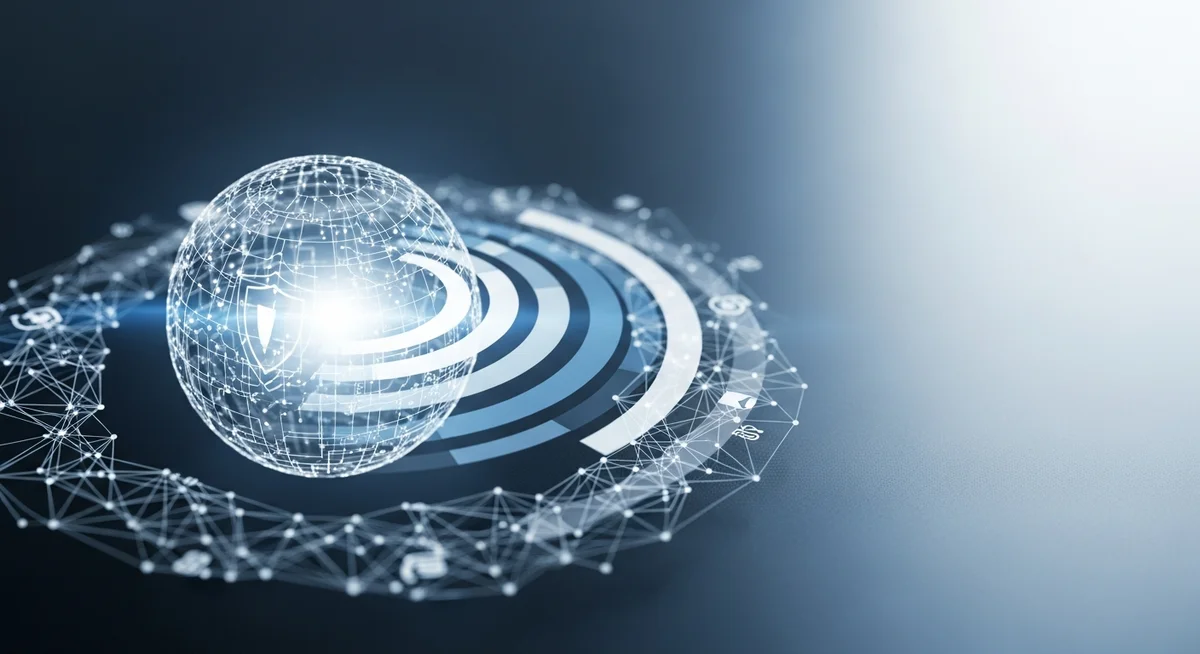 A glowing wireframe globe with a shield icon rests amidst concentric circular bands and a surrounding digital network mesh