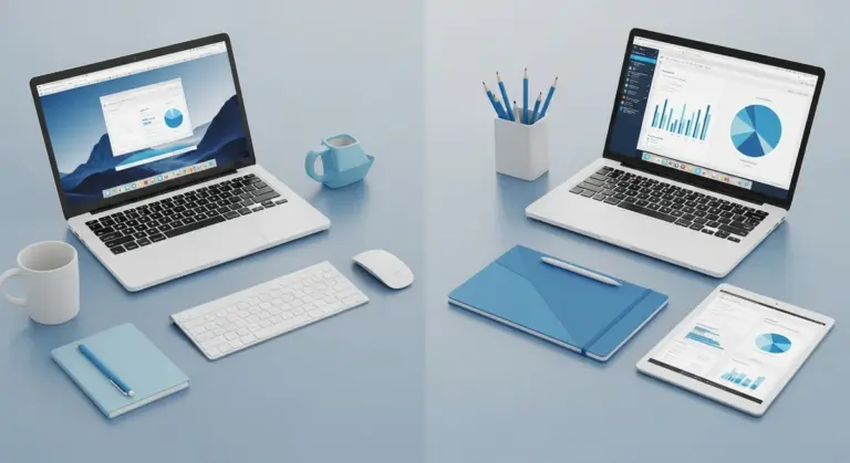 Two open laptops, keyboards, a computer mouse, a tablet, notebooks, pens, and cups on a light blue surface