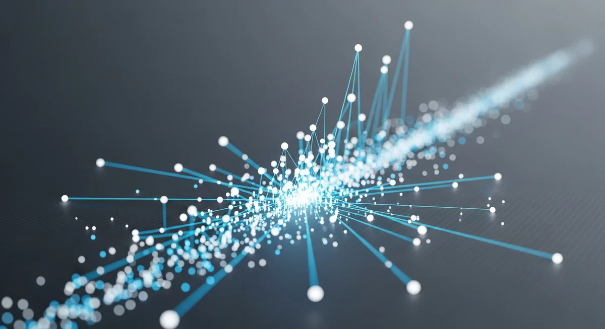Glowing white spheres connected by blue lines form a structured network against a dark, textured surface