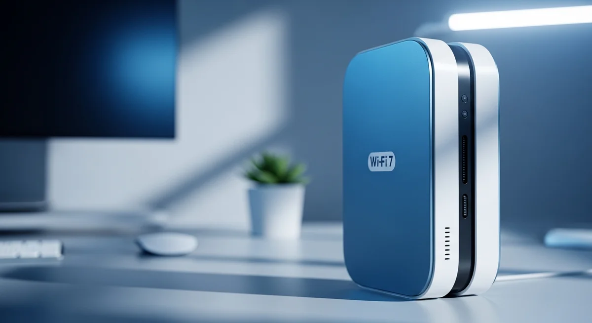 Wi-Fi 7 router on a white desk with a computer monitor and a small potted plant behind it