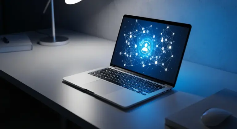 Laptop displaying a digital network graphic on a desk with a lamp and mouse nearby