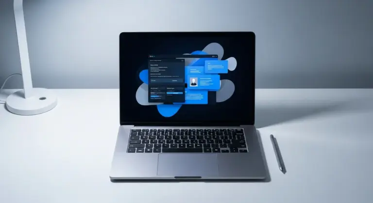 Laptop with a software interface displayed on its screen sitting on a white desk next to a stylus