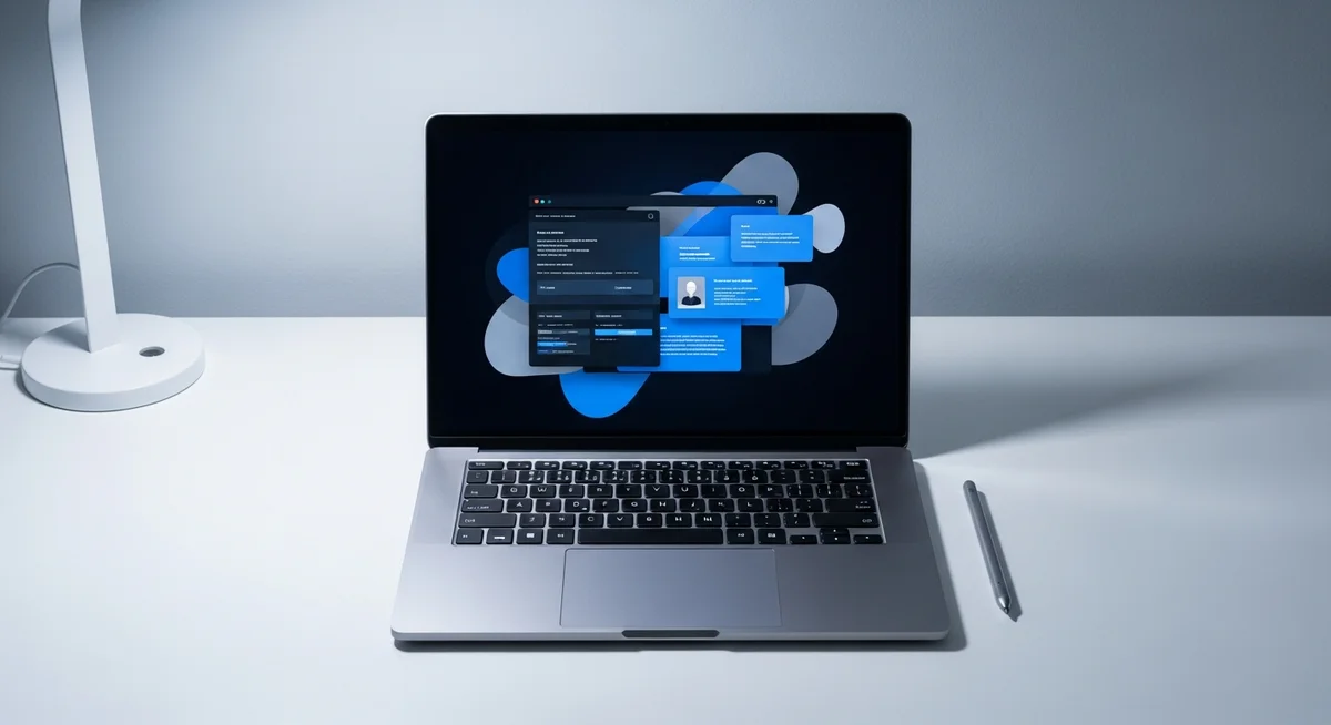 Laptop with a software interface displayed on its screen sitting on a white desk next to a stylus