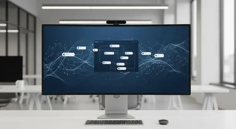 A computer monitor displaying a digital flowchart sits on a desk in a bright office space