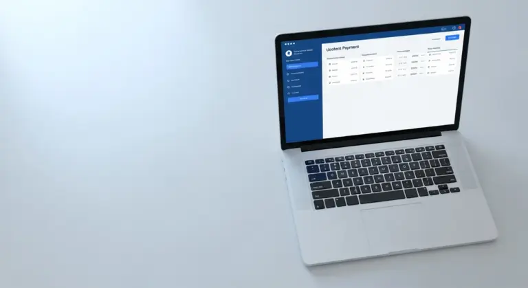 A laptop displaying a financial dashboard screen rests on a plain, light grey surface