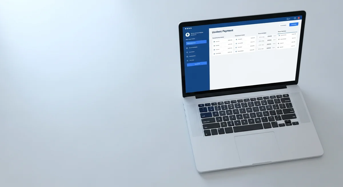 A laptop displaying a financial dashboard screen rests on a plain, light grey surface