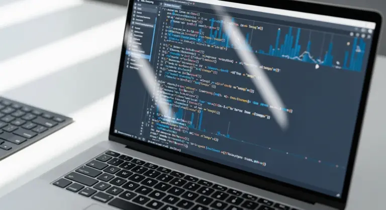 A laptop computer on a white desk showing lines of code and data charts on its screen