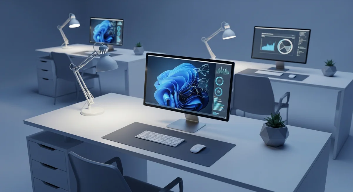 Three computer workstations with monitors, keyboards, mice, desk lamps, and small potted plants in a modern office space