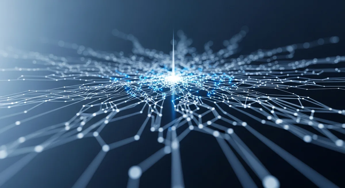A network of interconnected white nodes and lines radiating outward from a central luminous point against blue background