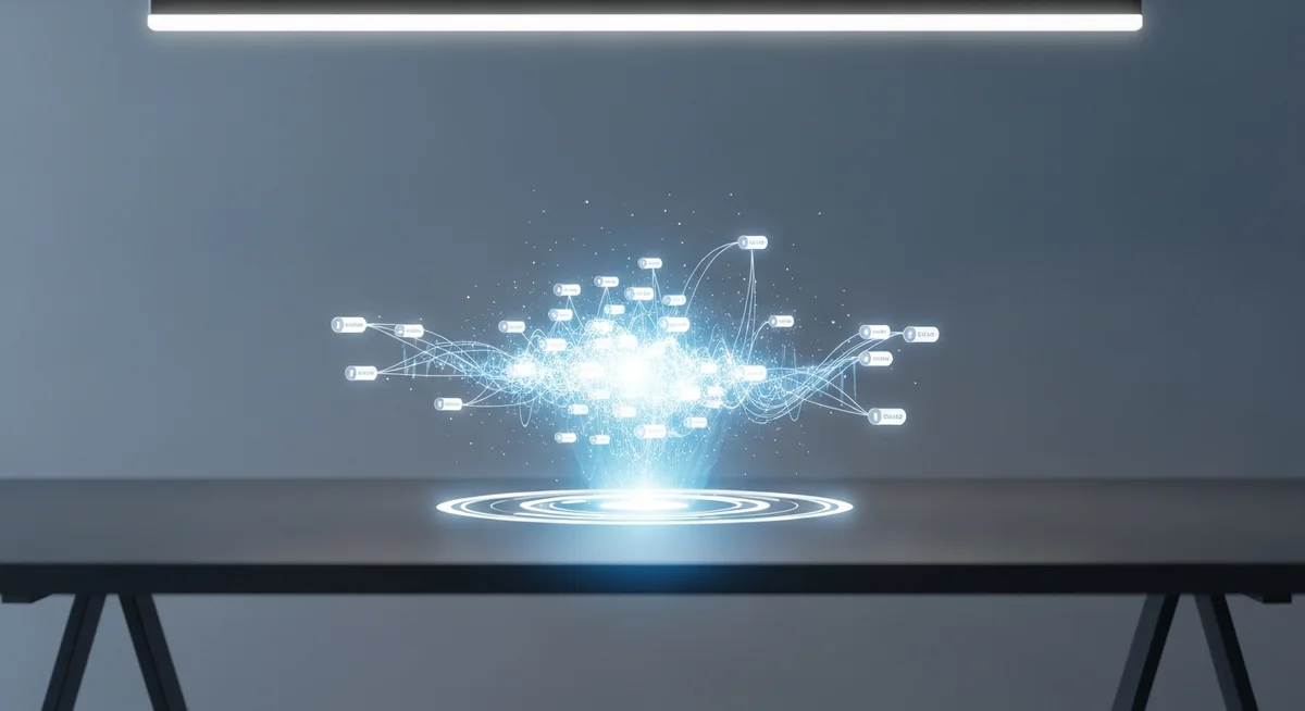 A glowing digital data network hovers above a table in a minimalist room