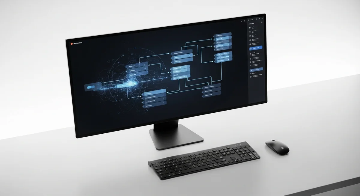 A computer monitor with a data flow graphic, a black keyboard, and a mouse on a white desk