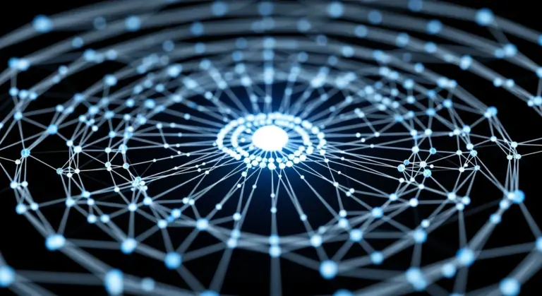 Glowing nodes and connecting lines form a complex, circular network radiating from a central white light source