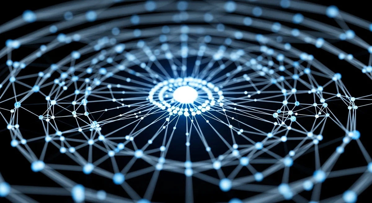 Glowing nodes and connecting lines form a complex, circular network radiating from a central white light source