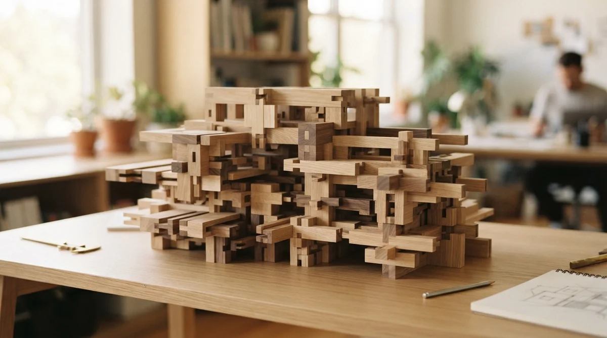 A complex wooden geometric interlocking sculpture sits on a desk in a bright, blurred office environment