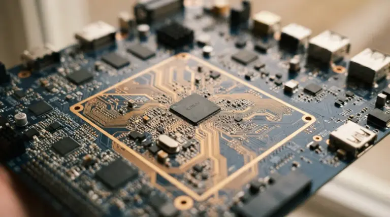 Macro photograph of a sophisticated circuit board, highlighting interconnected, subtly glowing traces and microchips