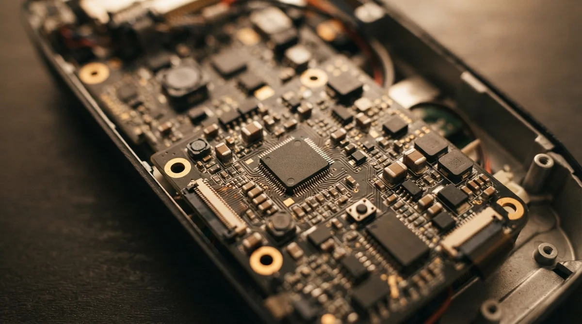 A complex electronic circuit board with numerous small components and a central black chip inside a metal casing