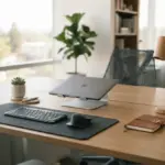 A meticulously organized minimalist workspace desk in a modern office, bathed in warm, soft daylight