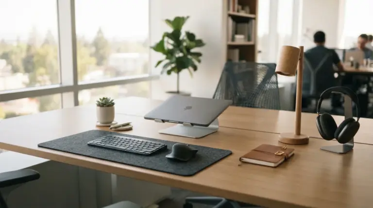 A meticulously organized minimalist workspace desk in a modern office, bathed in warm, soft daylight