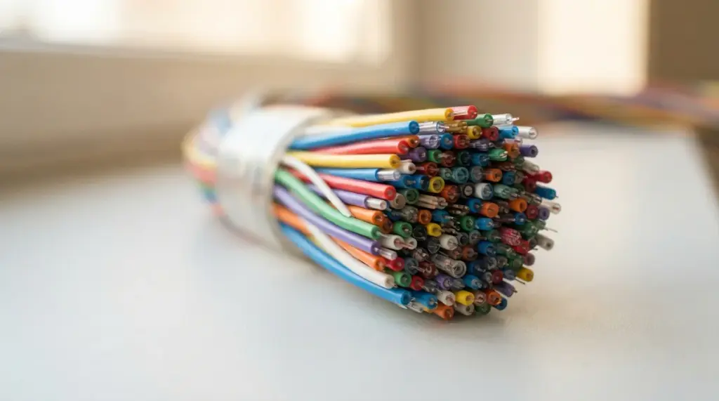 A thick bundle of multi-colored insulated electrical wires viewed from the end on a plain surface