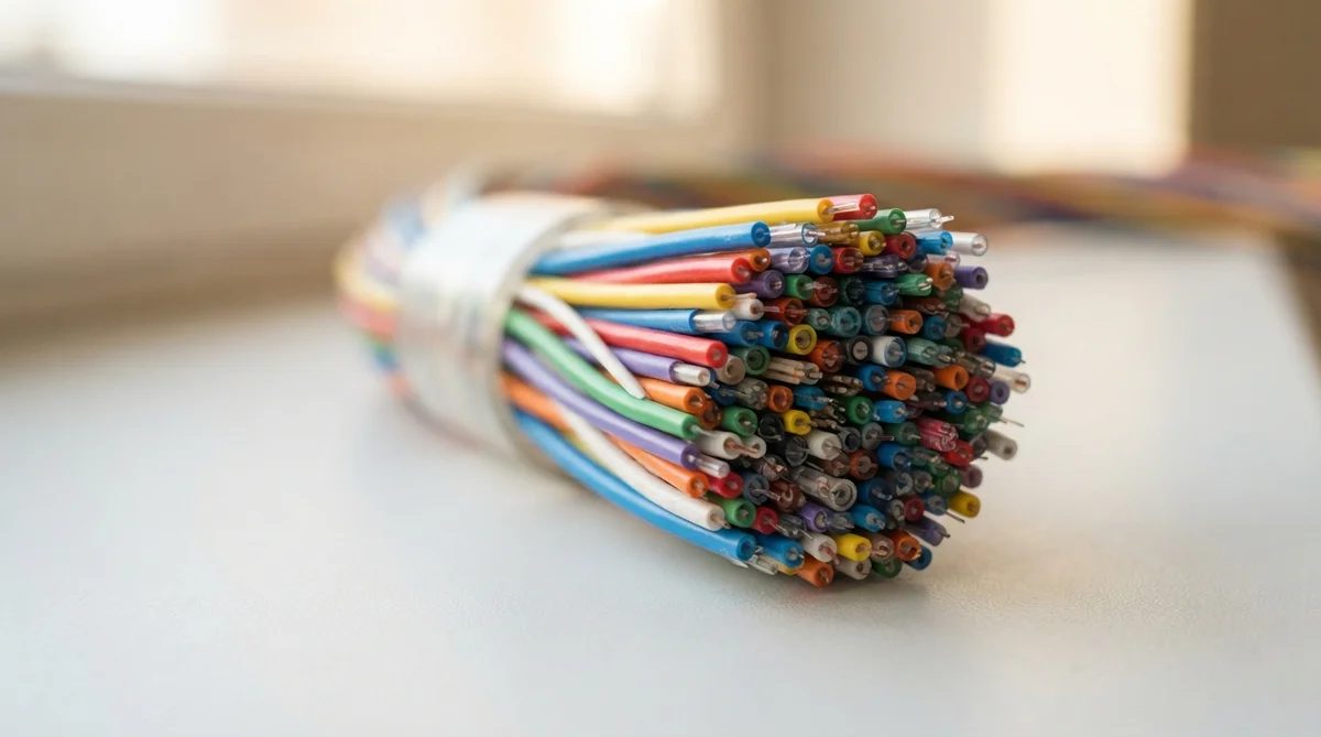 A thick bundle of multi-colored insulated electrical wires viewed from the end on a plain surface