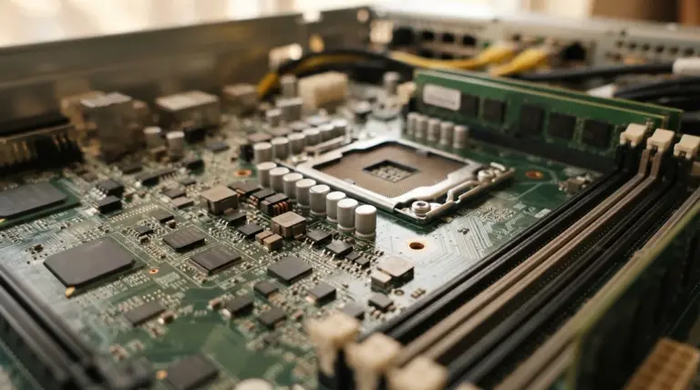 A computer motherboard with an empty processor socket, a single RAM stick, and various electronic components