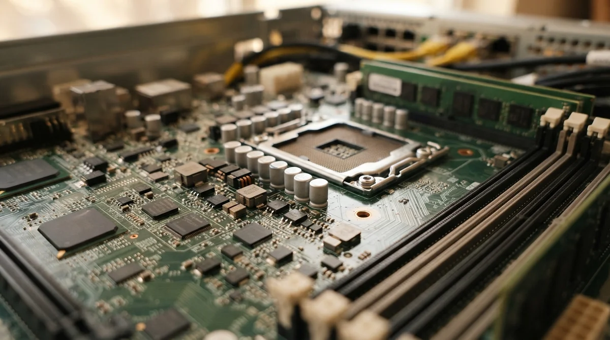 A computer motherboard with an empty processor socket, a single RAM stick, and various electronic components