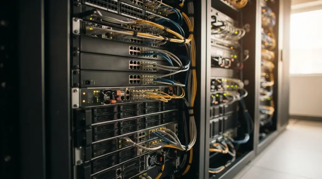 A modern, sleek server rack, densely packed with high-end, unmarked network hardware, bathed in warm, inviting daylight