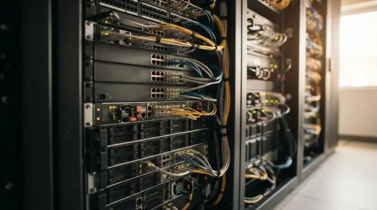 A modern, sleek server rack, densely packed with high-end, unmarked network hardware, bathed in warm, inviting daylight