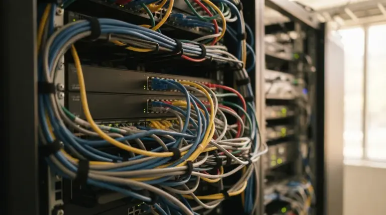 Network cables connected to a server rack with multiple switches in a data center