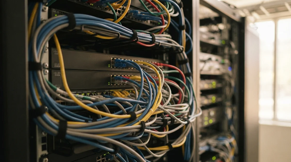 Network cables connected to a server rack with multiple switches in a data center