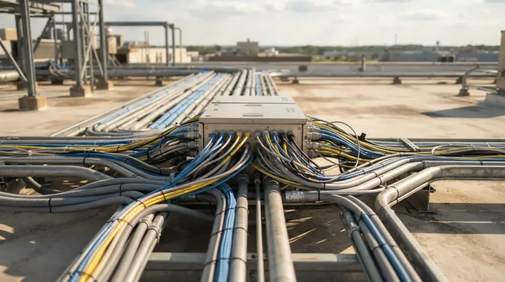 A metal junction box on a commercial rooftop with numerous conduits and cables extending in multiple directions