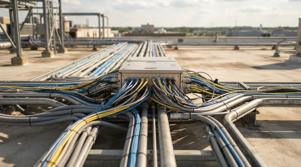 A metal junction box on a commercial rooftop with numerous conduits and cables extending in multiple directions