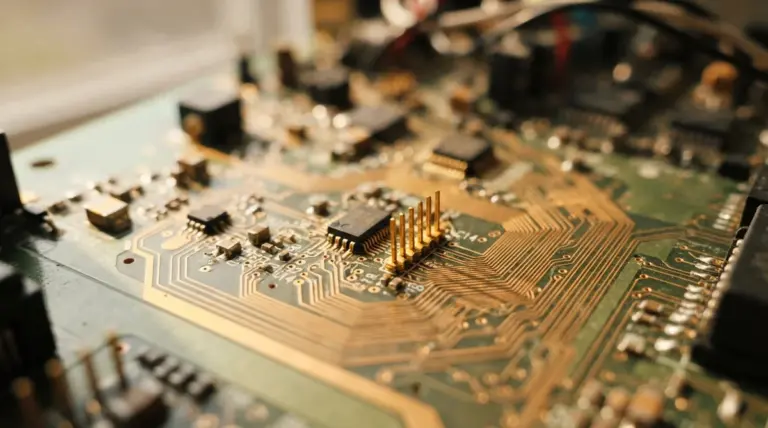 Macro photography of intricate circuit board pathways, showing multiple interconnected golden components and subtle green