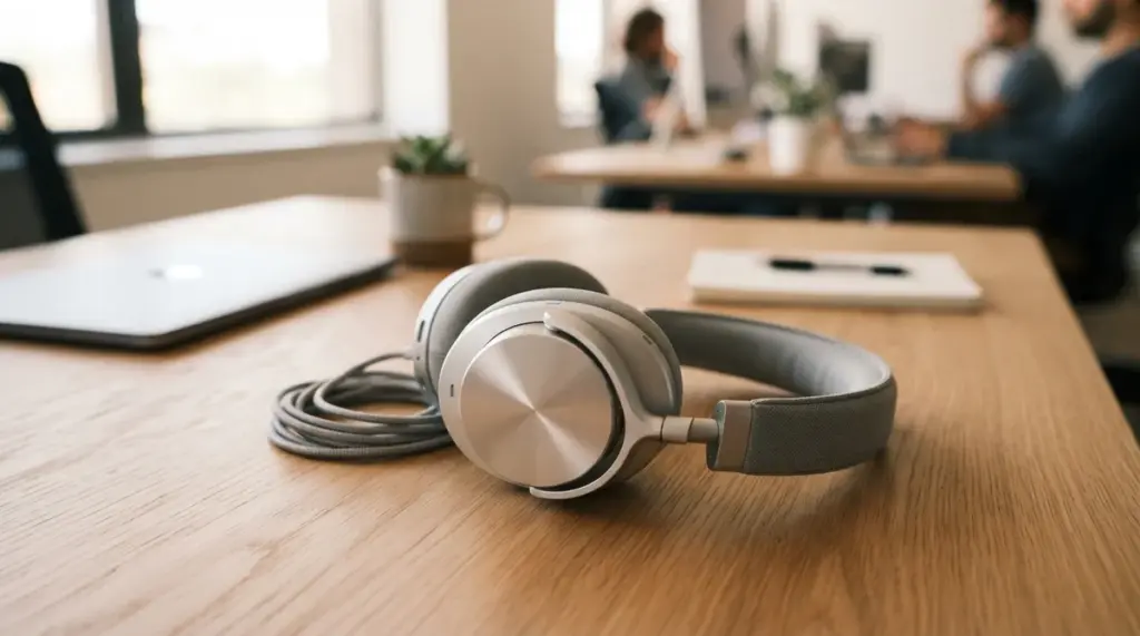 A sleek, silver over-ear headphone rests on a warm, minimalist wood desk in a modern tech office interior