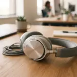 A sleek, silver over-ear headphone rests on a warm, minimalist wood desk in a modern tech office interior