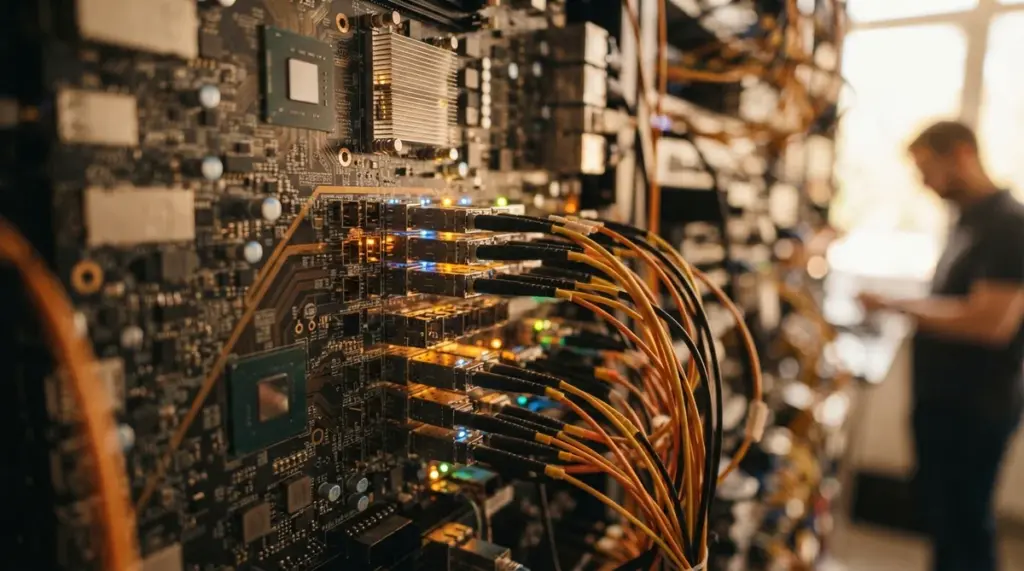 An intricate, high-end server component featuring many interconnected, subtly glowing ports and pathways