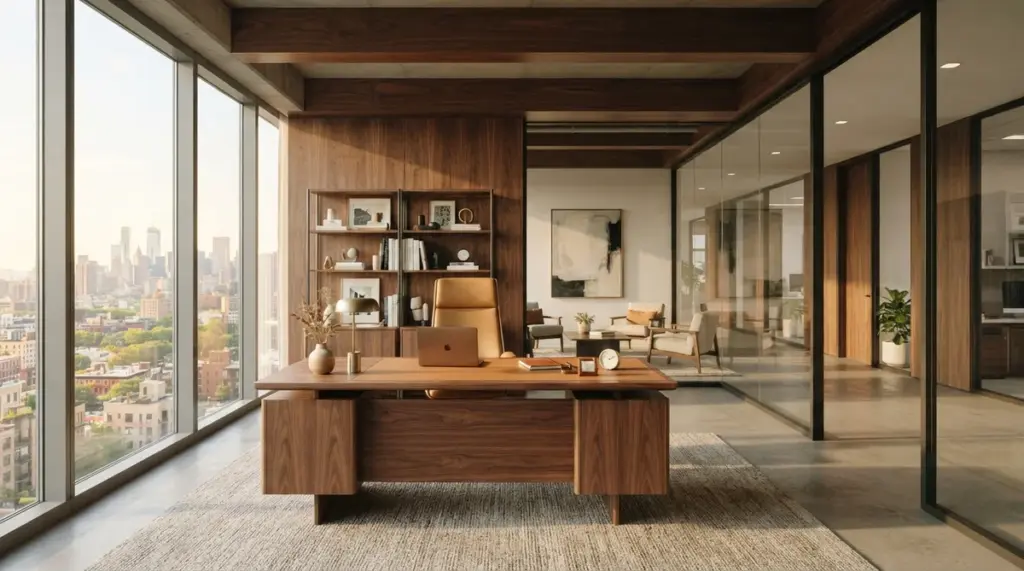 A wide shot of a pristine, modern office interior with rich wood and glass elements