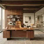 A wide shot of a pristine, modern office interior with rich wood and glass elements