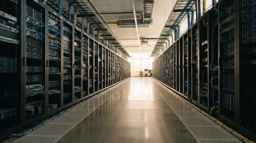 Modern server racks stretch down a sunlit aisle in a pristine data center
